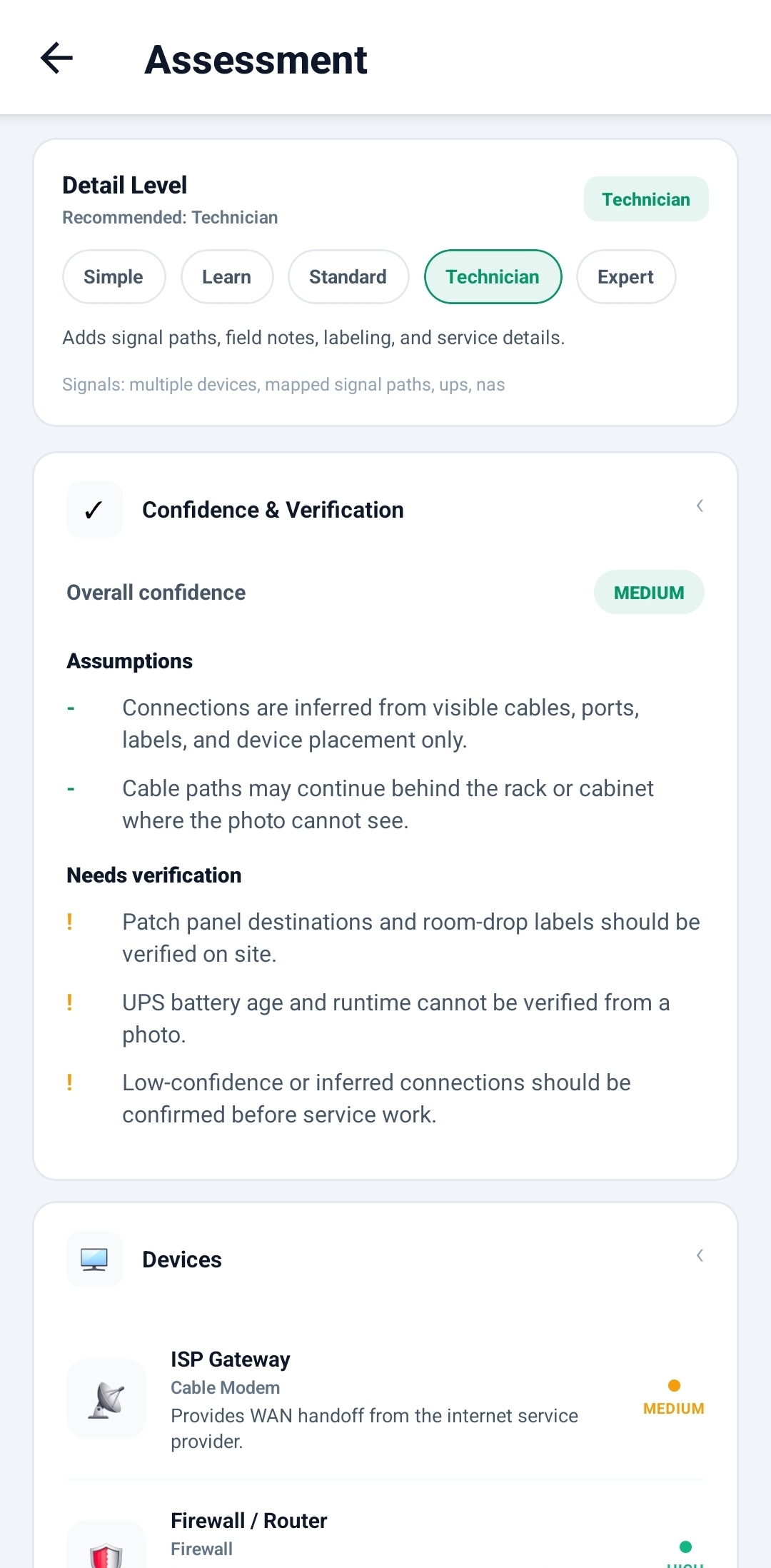 RackScan confidence and verification screen